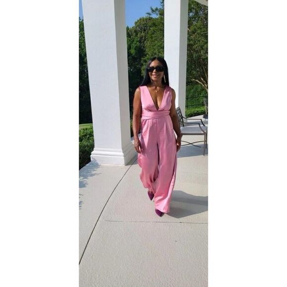 Express Size S Semi Formal Satin Jumpsuit Blush Pink Bow Tie Back Feminine New - Picture 3 of 15